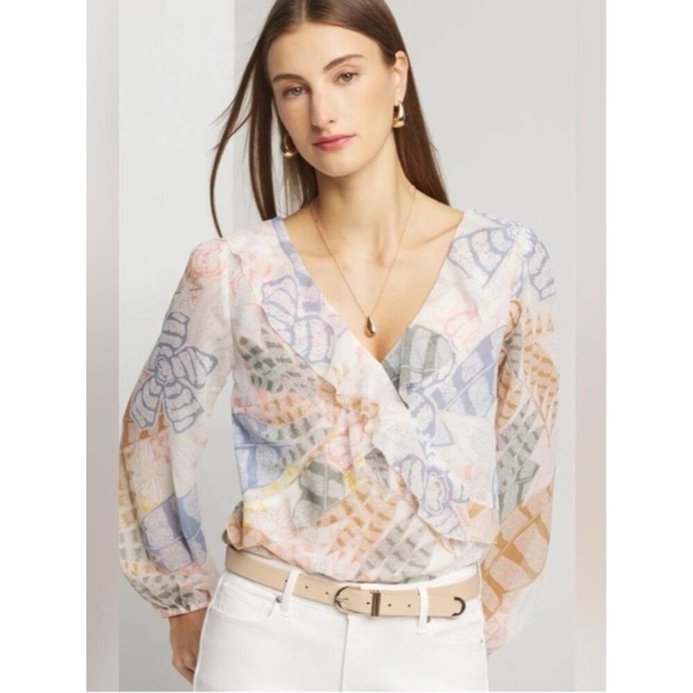 White House BlackMarket Floral Long SLV‎ Raffle Front Blouse SZ S V Neck Multi - Picture 2 of 14